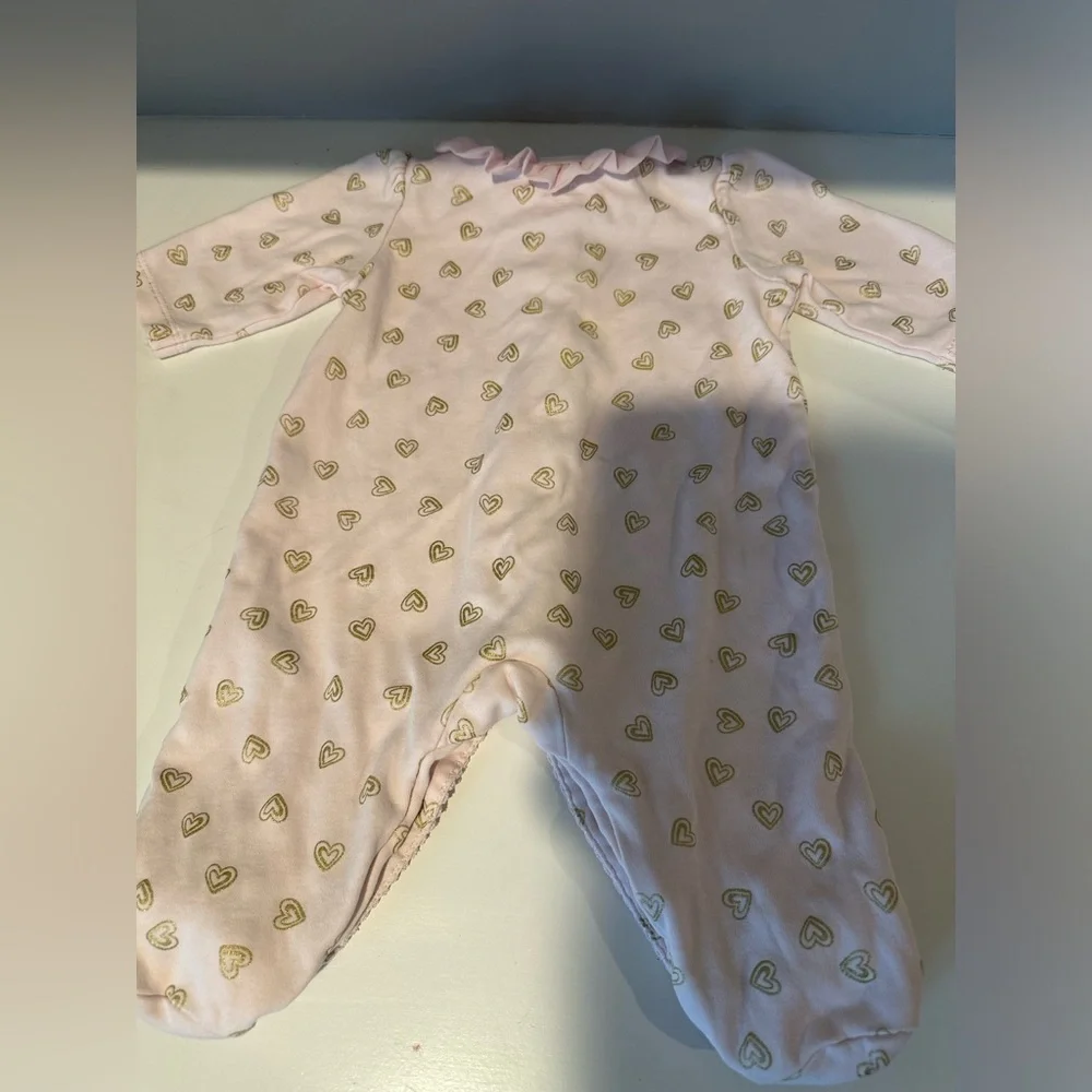 Little Me Light Pink Baby Girl Gold Hearts Footed Sleeper Onesie Pajamas Size 3M
